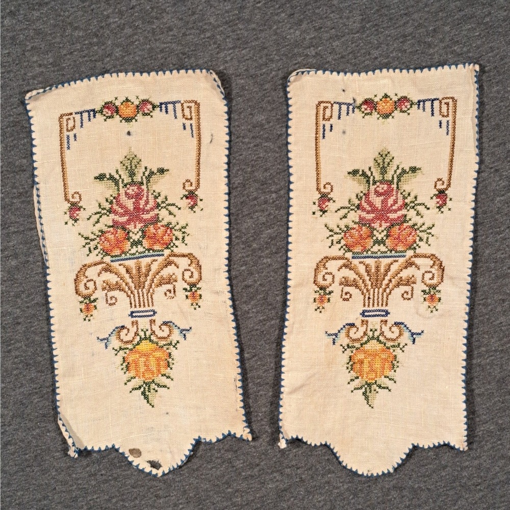 Vintage Handmade Cross Stitch Linen Floral Urn Scalloped Panels Set of 2 Cream